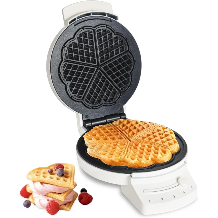 Elektryczna gofrownica w kształcie serca z 5 poziomami regulacji temperatury i szybkim nagrzewaniem do idealnych gofrów belgijskich, konstrukcja z pojedynczą płytą.