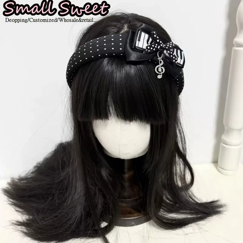 Japanese Harajuku Dark Gothic Lolita Black White Polka Dot Bow Piano Key & Musaical Note Y2K Girl Hairband Subculture Headband