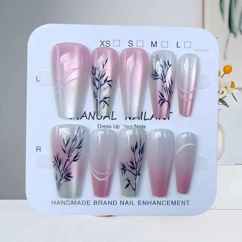 10 Pcs Long Droplet Shaped with Gilded Light Pink Purple Gradient Cat Eye Nail Patch Press on Nials Temperament Fake Nails Tips