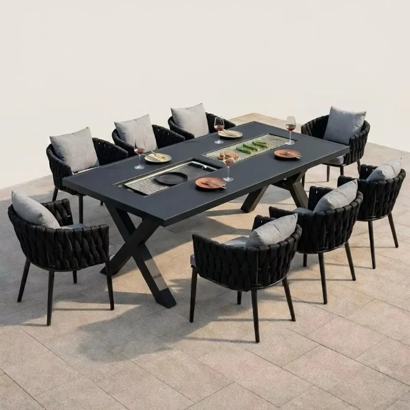 Modern Black Aluminum BBQ Table Dining Table Set Outdoor Garden Patio Furniture for Restaurants, Cafes, Resorts