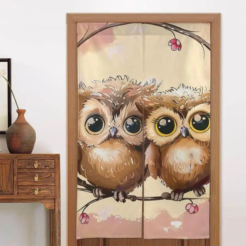 VIKAMA Owl Forest Animal Noren Door Curtain, Japanese Half Curtain, Privacy Room Divider For Kitchen, Aesthetic Home Decor