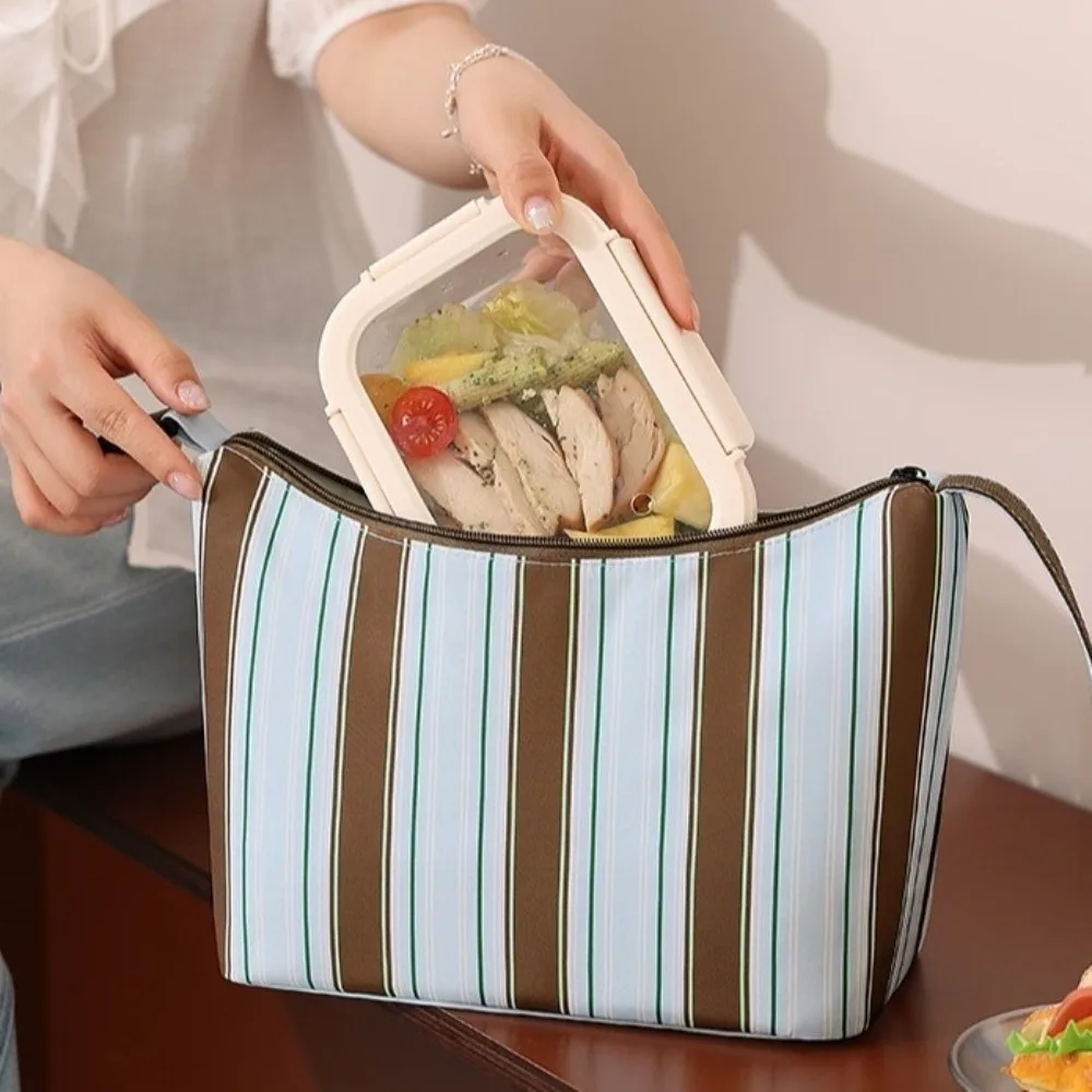 Large Capacity Striped Insulated Lunch Bag Waterproof Portable Thermal Cooler Tote Shoulder Strap Solid Color Food Storage Bag