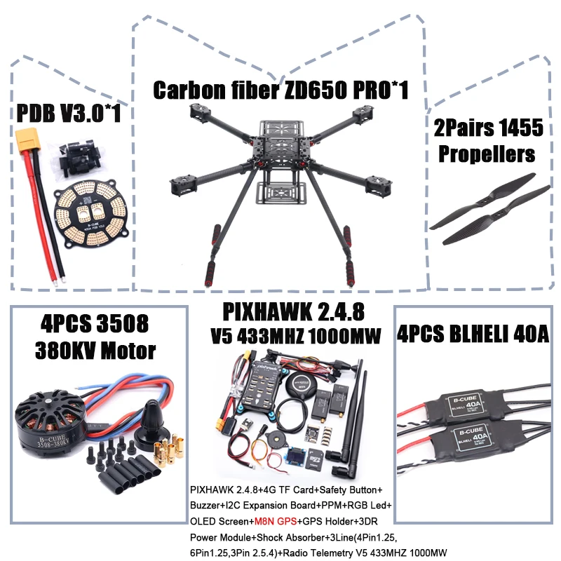 HanNiu ZD650 PRO 650mm Ardupilot Pixhawk Carbon fiber Quadcopter Frame FPV Quad met Carbon Fiber Landing Skid Motor ESC 40A