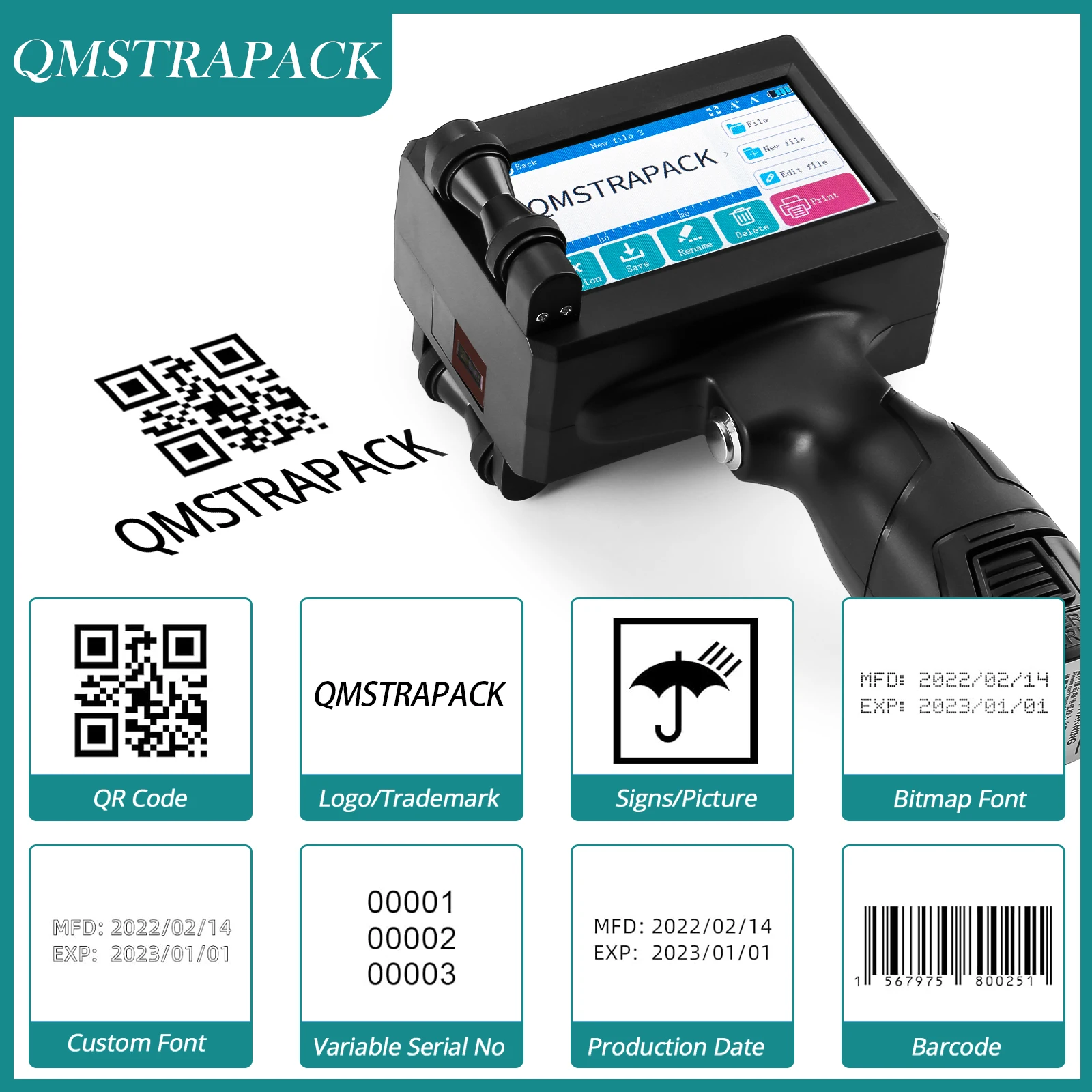 Pistola de impresora de inyección de tinta portátil, dispositivo con boquilla de 12,7mm para texto, código de barras QR, número de lote, logotipo,