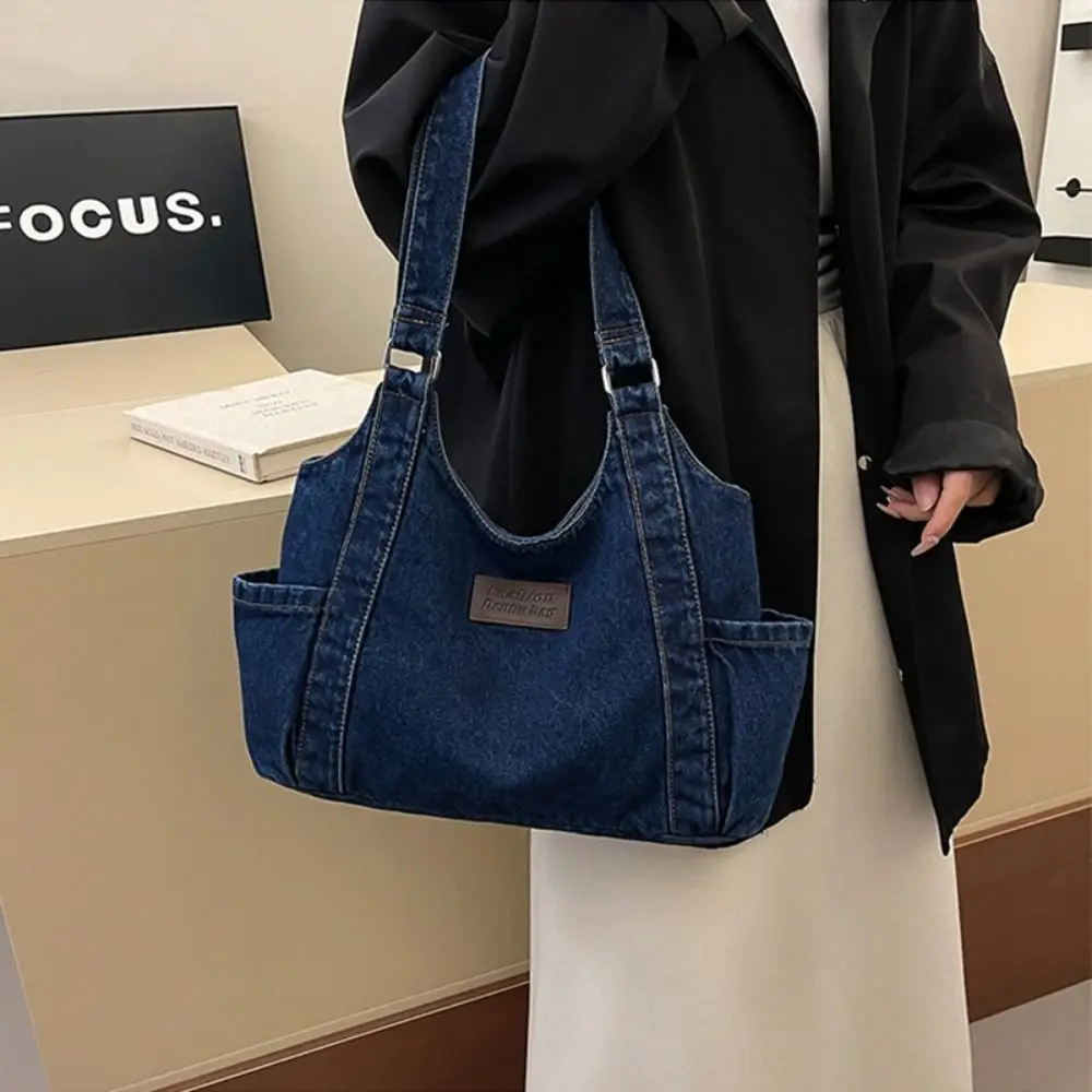 

Милая джинсовая сумка на плечо в корейском стиле, простая холщовая сумка-тоут в стиле ретро, большая вместительная сумка из искусственной кожи для подмышек, уличная сумка