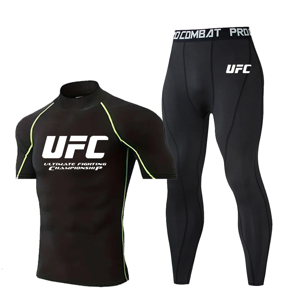 

UFC Printed Compression Men's Running Short Sleeved T-shirt Long Pants Fitness Suit Tight Fitting Pants Quick Drying T-shirt Set