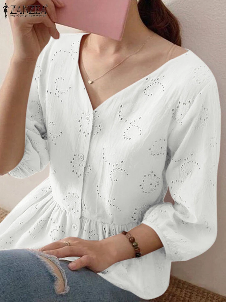 

ZANZEA Casual Loose Pleating Ruffled Hem Tunic Fashion Solid Color Blouse Women V-neck Button Tops Holiday Lace Hollow Out Blusa
