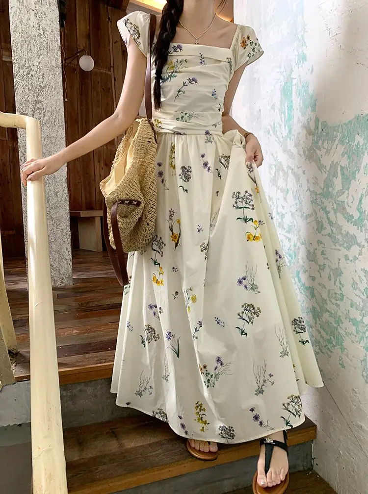 

Летнее женское платье макси с цветочным принтом, квадратным вырезом, в корейском стиле, для повседневной носки, отдыха и пляжа