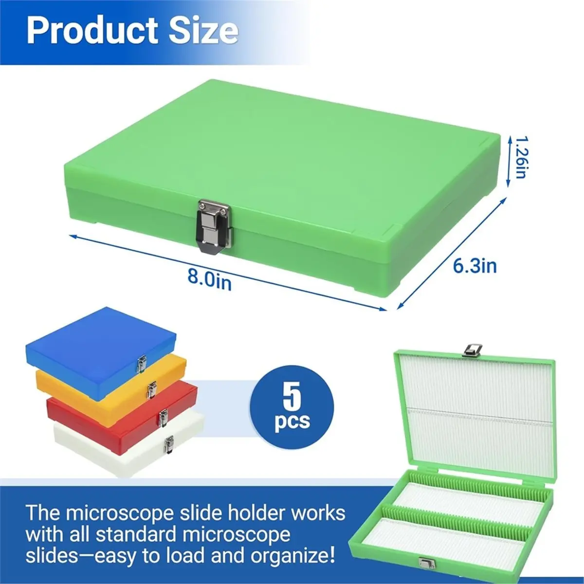 5 قطع صندوق منزلق للمجهر، حامل منزلق للمجهر البلاستيكي 100 مكان مع قفل بمزلاج لـ 1 × 3 بوصة (25 مم × 75 مم) منزلق صغير