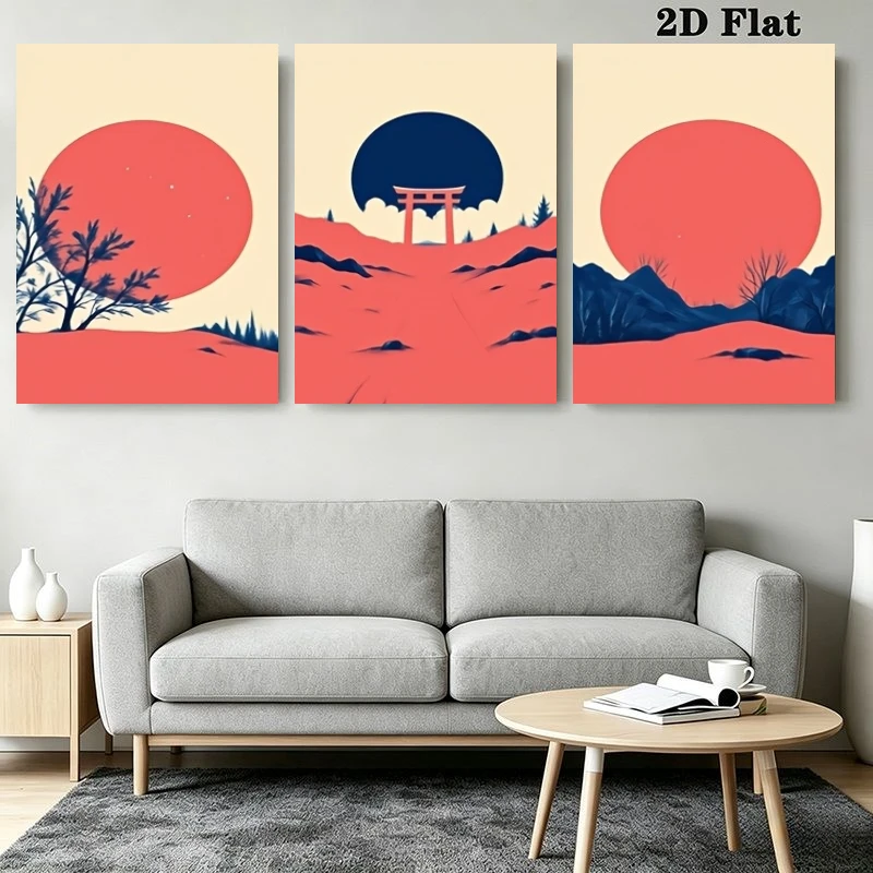 2D Flat, 2D Flat, 3pcs Japanese Minimalist Landscape Frameless Wall Art Prints, Red Sun, Mountains And Torii Gate, for Living