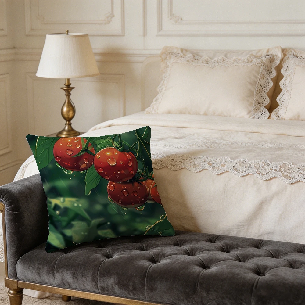 1PC Throw Pillow Cover,Tomato Vegetable Water Drop Print,Fresh Botanical Style,For Sofa Bedroom Couch Home Decor