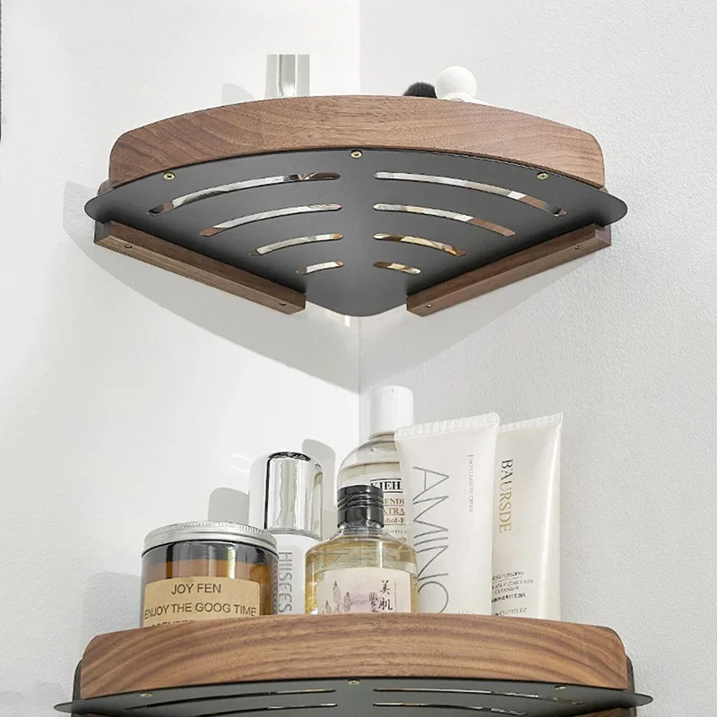 Light Luxury Wall Mounted Corner Storage Rack Beech/Walnut Wood Bathroom Shelf Storage Triangle Shelves Bathroom Accessories