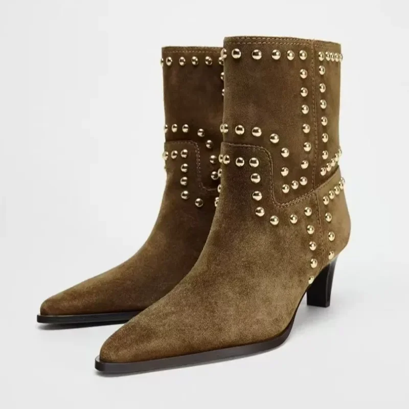 الاتجاه الجديد 2025 الخريف والشتاء برشام موضة عالية الكعب تشيلسي الأحذية وأشار حذاء من الجلد عالية الكعب خنجر الأحذية الغربية #1