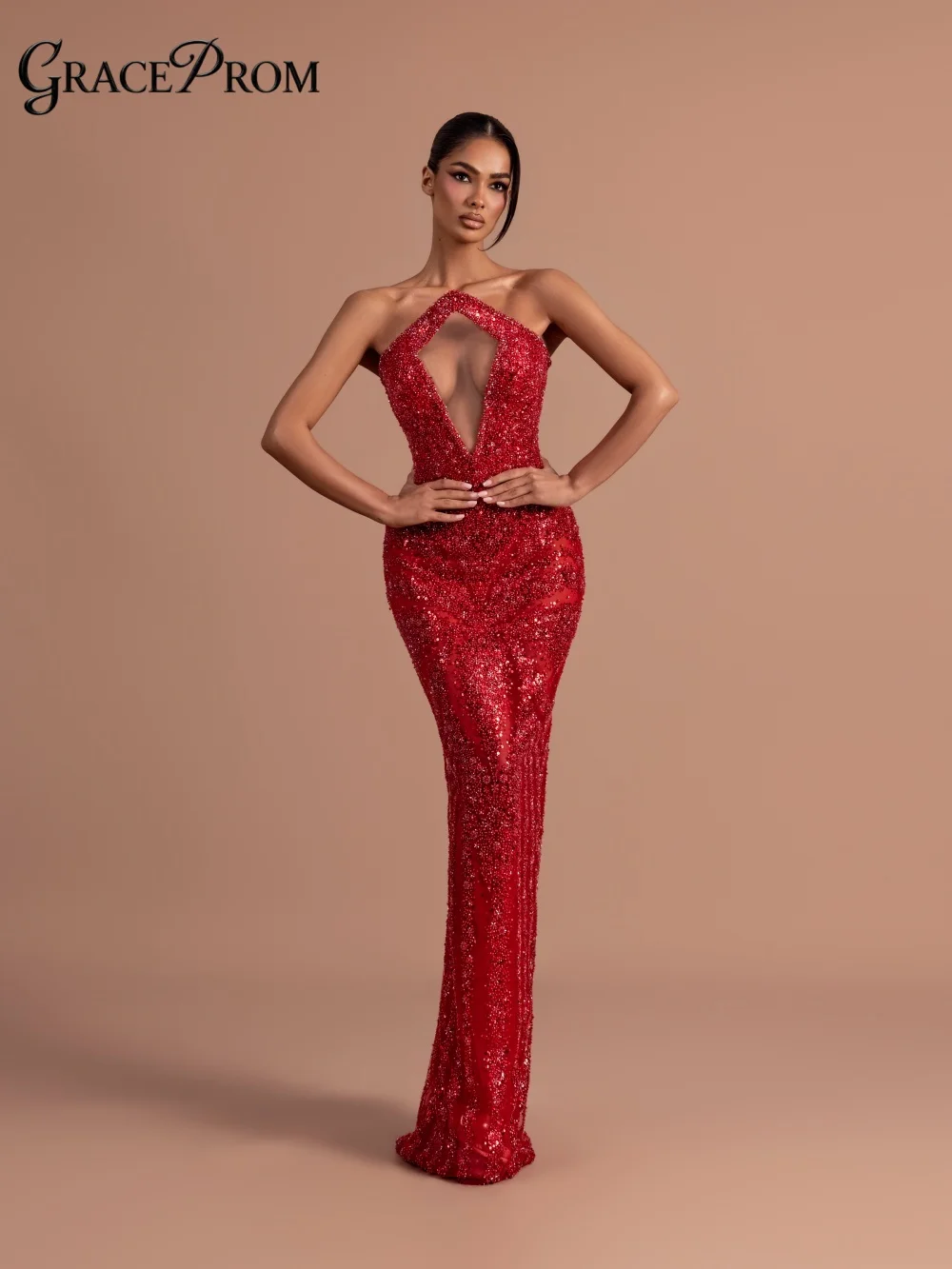 

Red Halter Neck Mermaid Evening Gown Radiant Keyhole Cutout Beaded Formal Party Dress Elegant For Wedding Guests فساتين سهرة