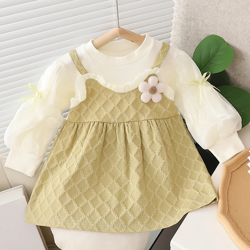 1 2 3 4 5 Years Baby Girls Princess Dress Spring Autumn Patchwork Fake Two Pieces Long Sleeve Dress For Girls Sweet Party Dress