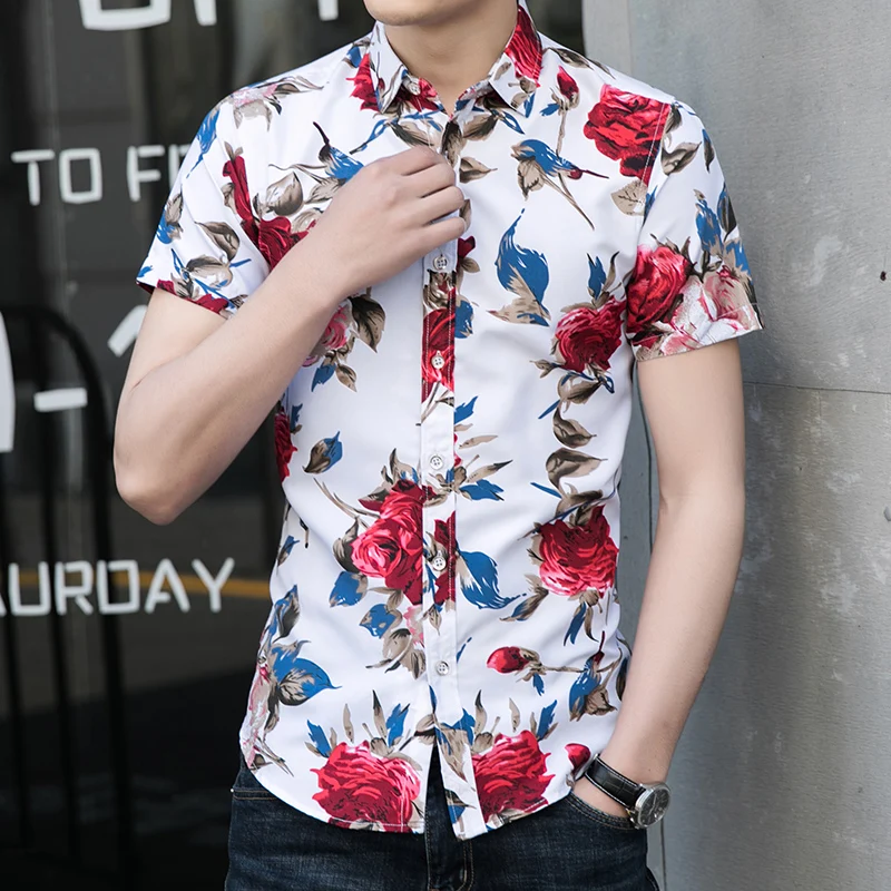 2024 Autumn Men Slim Floral Print Long Sleeve Shirts, Fashion Brand Party Holiday Casual Dress Flower Shirt, Homme Plus Size 7XL