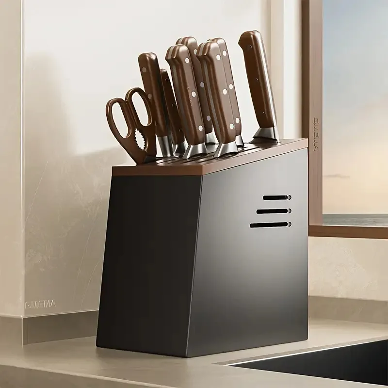 

1pc Knife Storage Rack, Bamboo Wood and Metal Kitchen Utensil Drying Stand with Drainage Tray - Countertop Organizer for Cutlery