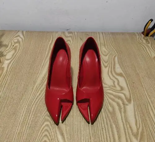 

New Red Shiny Patent Leather Splitting Toes High Heel Pumps Women Shallow Slip On Pointy Toe Stiletto Heel Party Dress Shoes