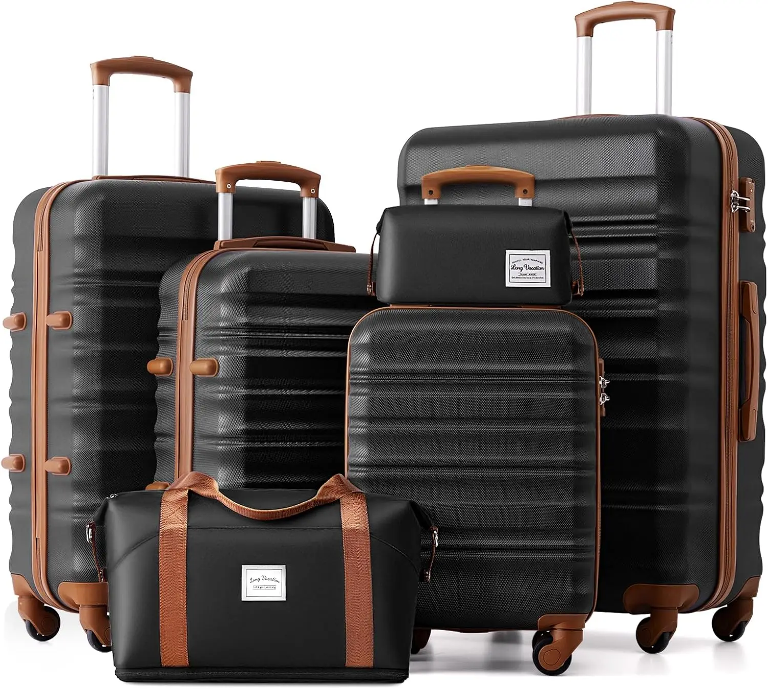 

6-Piece ABS+PC Hardshell Luggage Set with Spinner Wheels & TSA Lock, Black-Brown