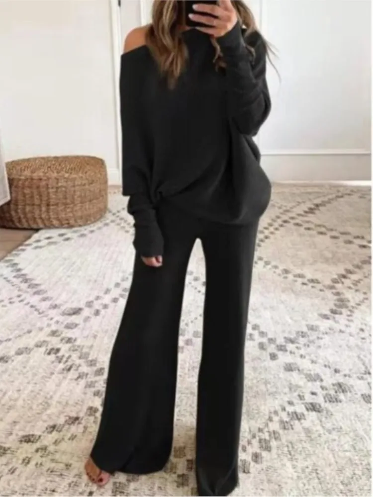 Fashion Long-sleeved Bateau Collar Top + Wide-leg Pants 2-piece Set Women Elegant Autumn Solid Color Knitted Loose Suit Female