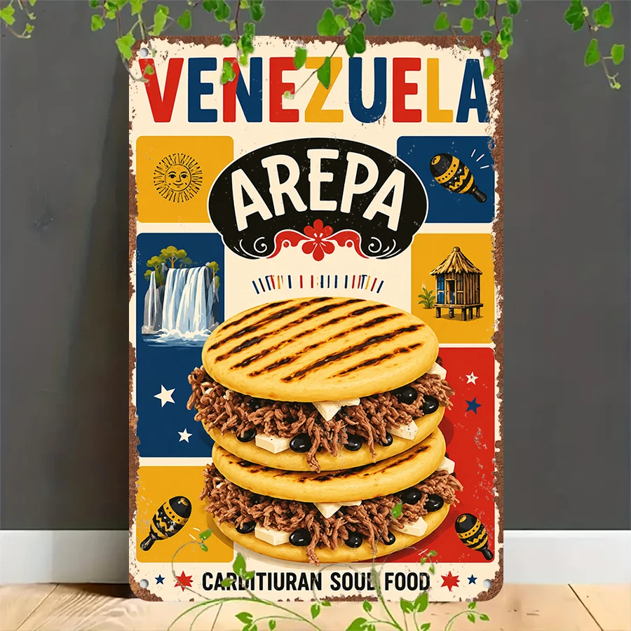 2D flat retro metal tin plate, Vintage Venezuela Arepa Street Food Sign, Suitable for home, garage, café, bar and garden decoration