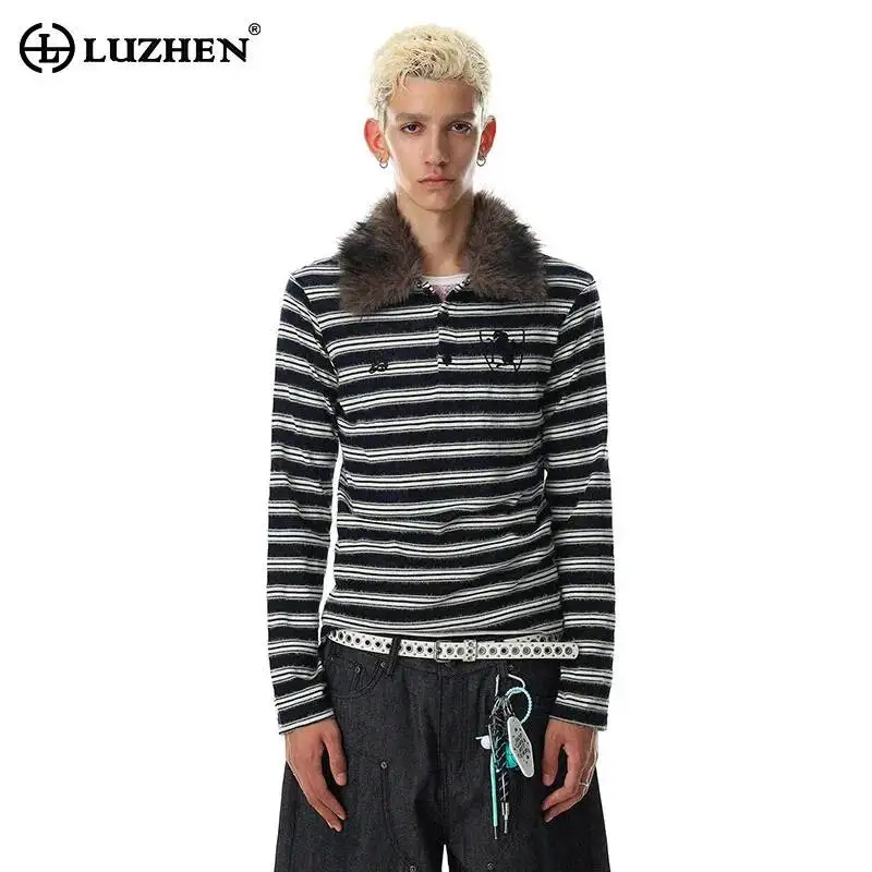 LUZHEN 2026 Autumn Winter Original Detachable Faux Fur Neck Stripe Printed Long Sleeve T-shirts Men's Fashion Casual Tops JY7952