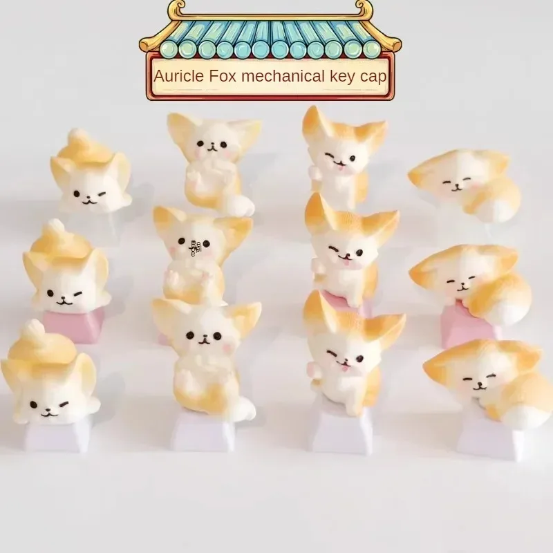 MiFuny Cute Keycaps Fennec Fox Resin Artisan Handmade Transparent Keyboard Cap Cartoon White Pink Keycap for Mechanical Keyboard