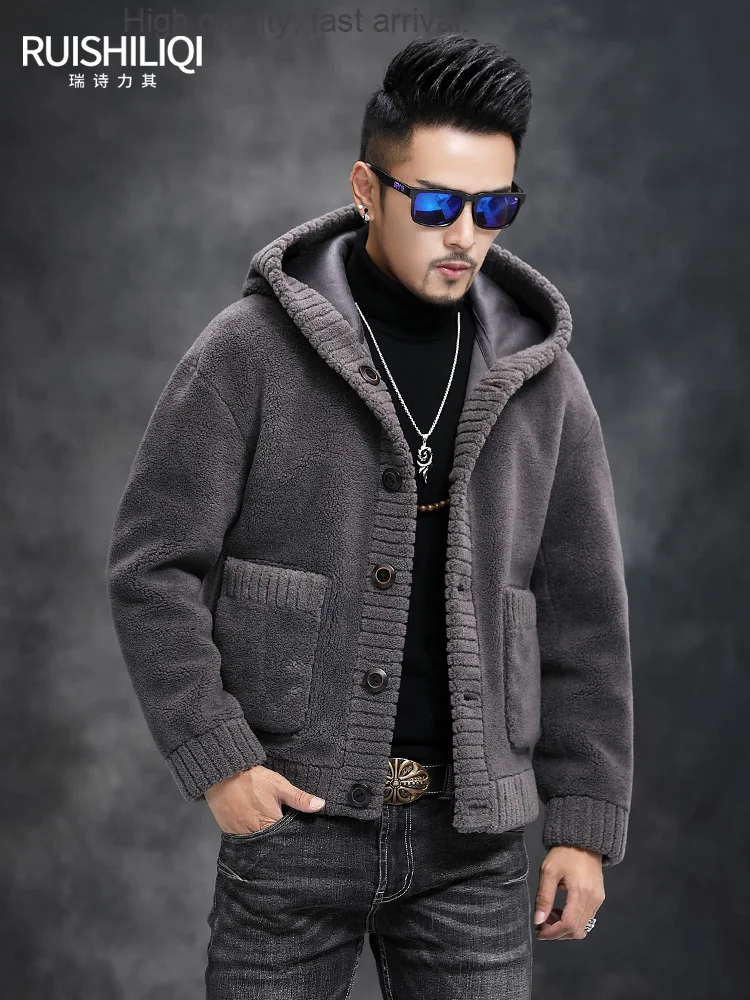 Grain Double-Sided Wear Cashmere Men 'S Lamb Jacket Fur Integrated Short Hood Haining Fur White Coat Fashion