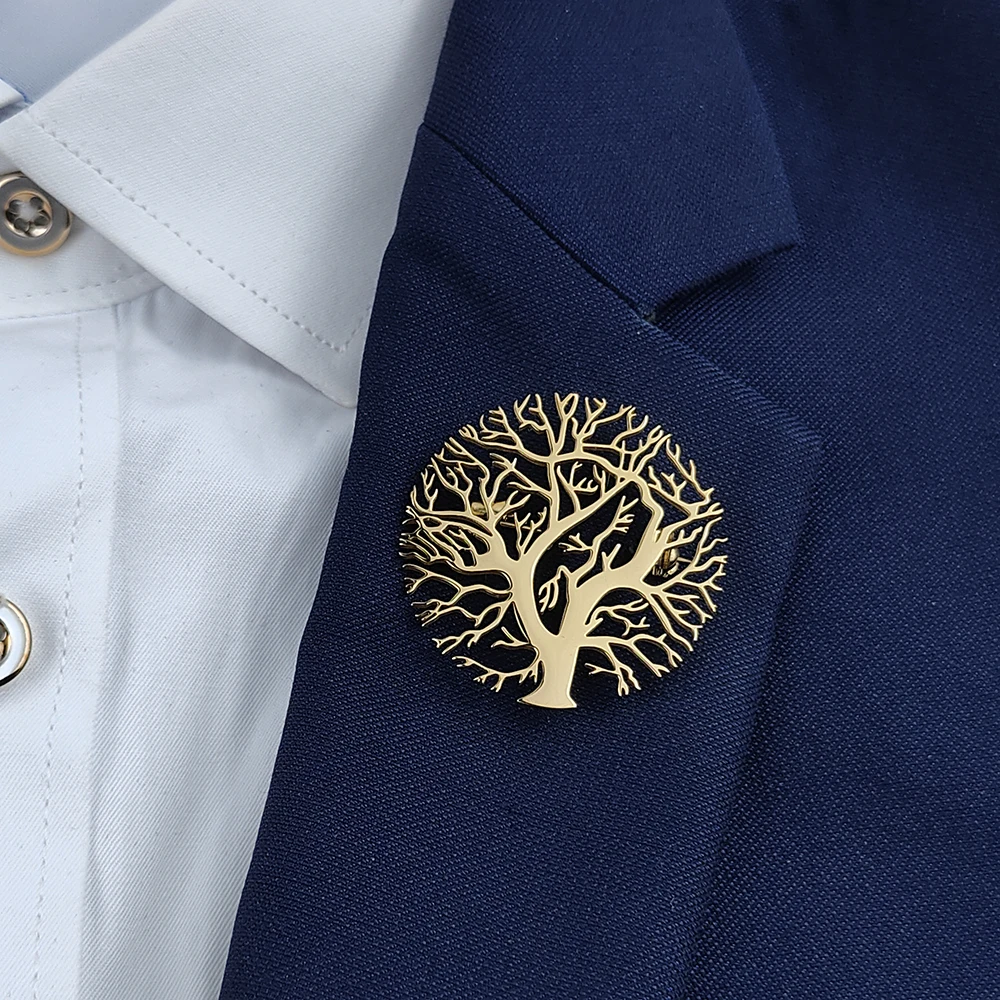 Round tree of life hollow gold-plated badge, men's suit brooch, black lapel pin, clothing accessories set, boyfriend gift