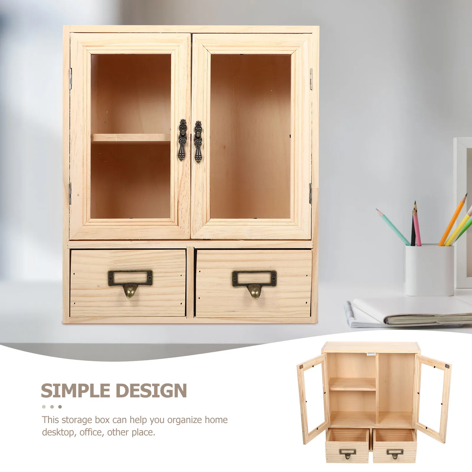 

1pc Vintage Wooden Countertop Storage Cabinet Small Desktop Organizer For Home Office Bedroom Decorative Furniture