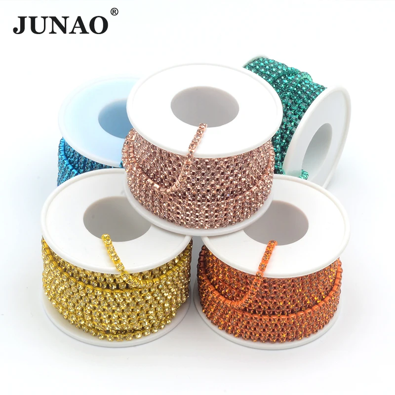 

JUNAO 10 ярдов SS6 SS8 SS12 швейная красочная стеклянная отделка со стразами, цепочка с кристаллами, стразы для DIY одежды, ювелирных изделий