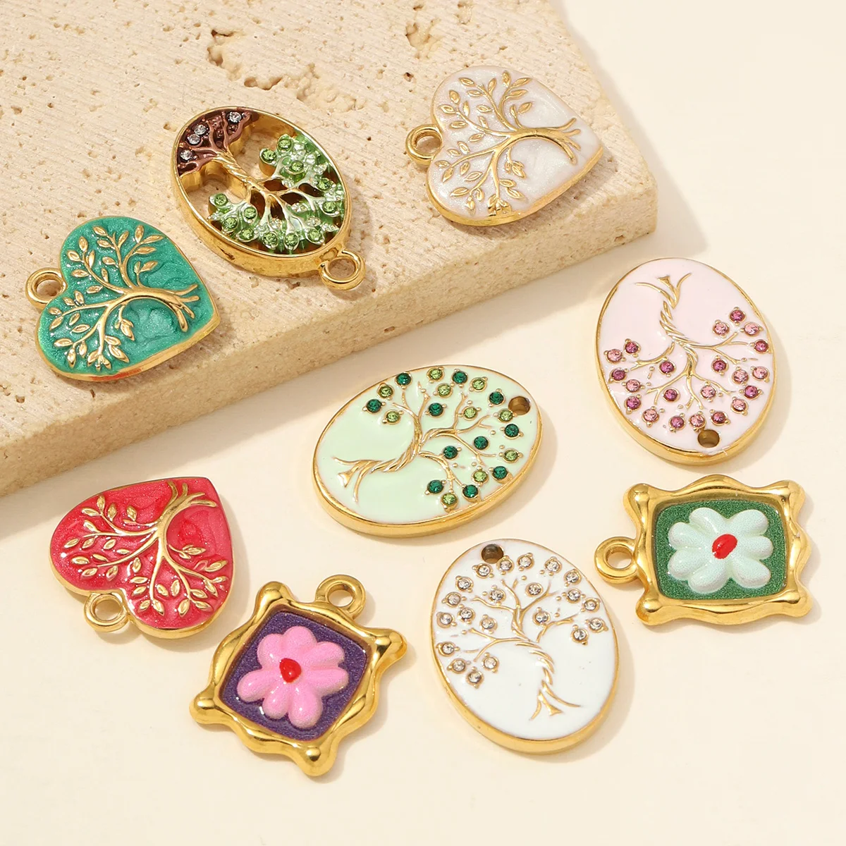 3pcs/Lot Stainless Steel Rhinestone Life Tree Heart DIY Earring Charms Enamel Flower Necklace Pendant Woman Jewelry Findings