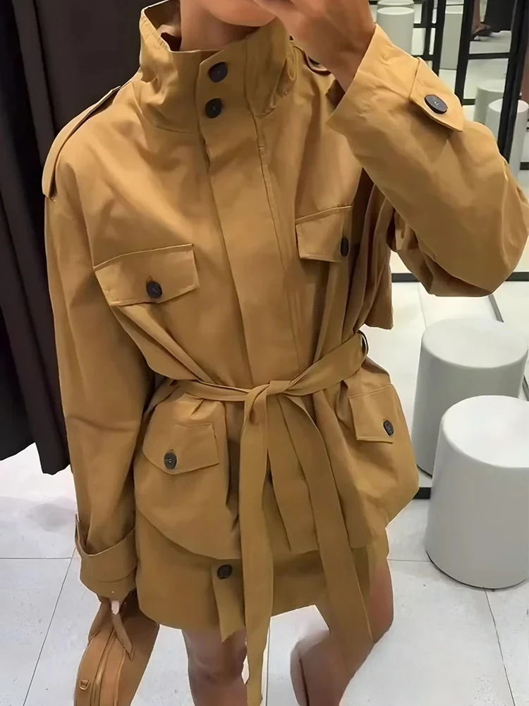 

KONDALA Vintage Casual Chic Women Trench Jacket Solid Belt Single Breasted Short Coat Fashion 2025 Autumn Fall Straight Coat