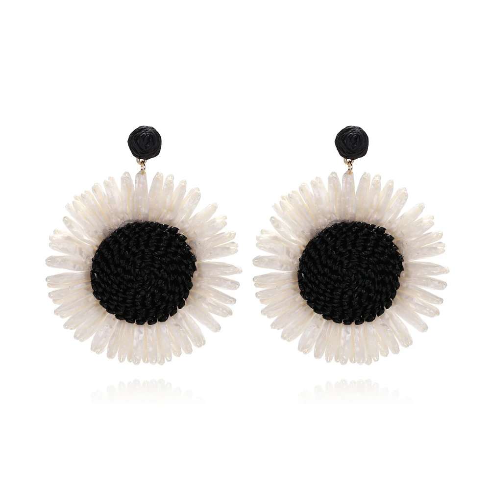 اليدوية أسود أبيض لافيت العشب عباد الشمس قلادة الأقراط العصرية مبالغ فيها زهرة كبيرة أقراط مجوهرات نسائية اكسسوارات #5