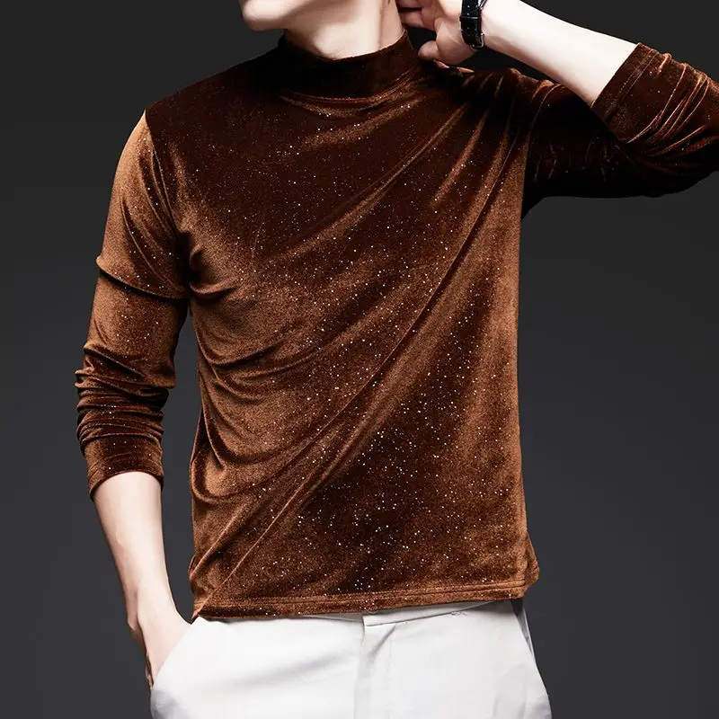 

Street Fashion Trend Autumn Winter Golden Velvet Men Turtleneck New Solid Sequined Casual Loog Sleeve Sweatshirts Pullovers Tops