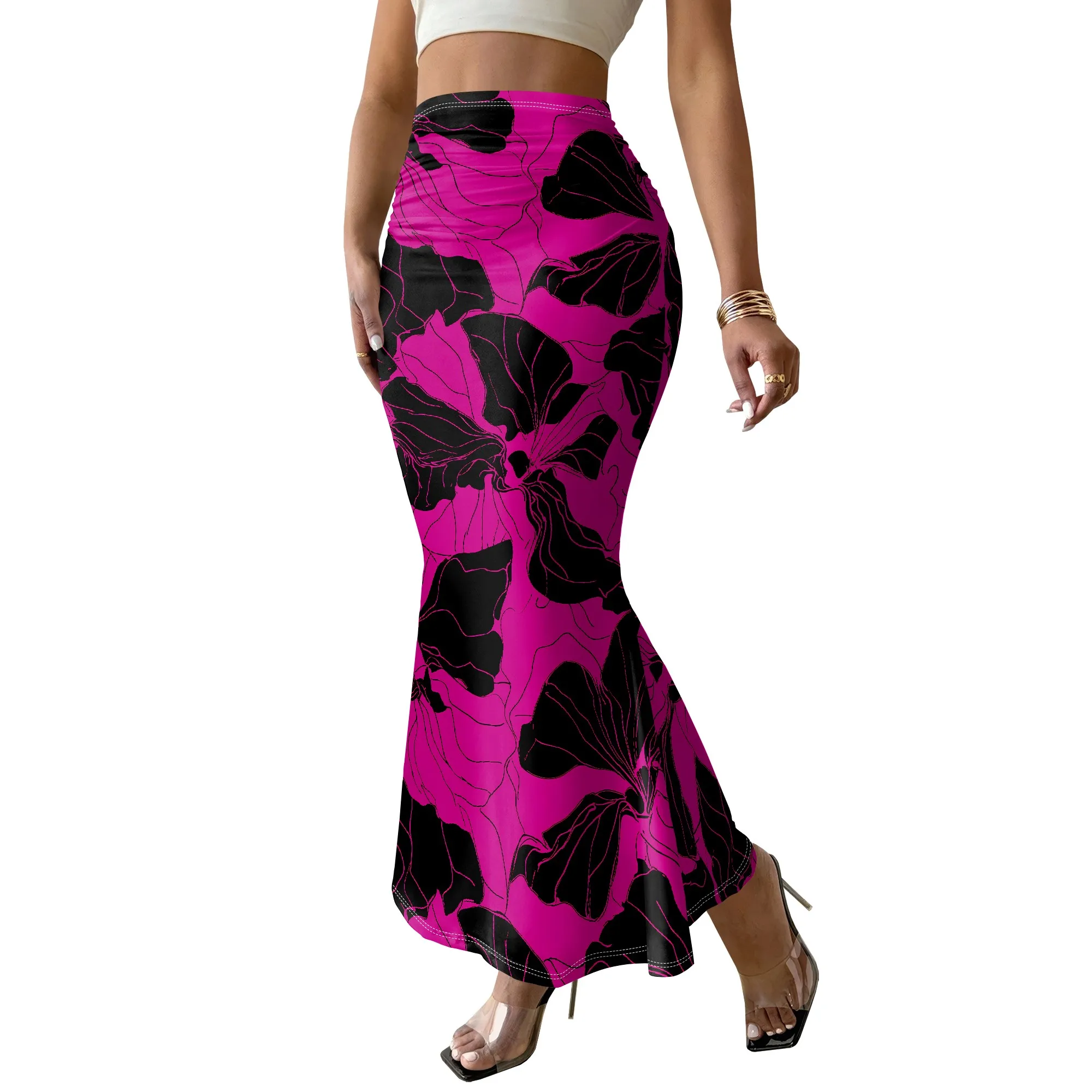 Fuchsia Floral Print Skirt, Mermaid Hem Maxi Skirt, High Waist Ruched Bodycon Skirt, Summer Beach Vacation Wear, S-3XL