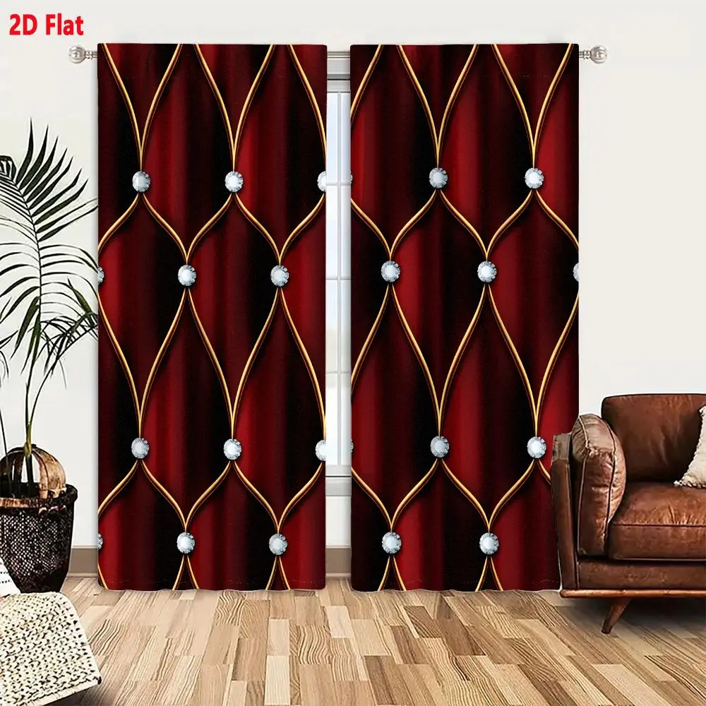 2Pcs Curtains Add 2D Flat Luxurious Deep Red Velvet Patterned Background With Gold Geometric Lattice And White Pearl Accents Win