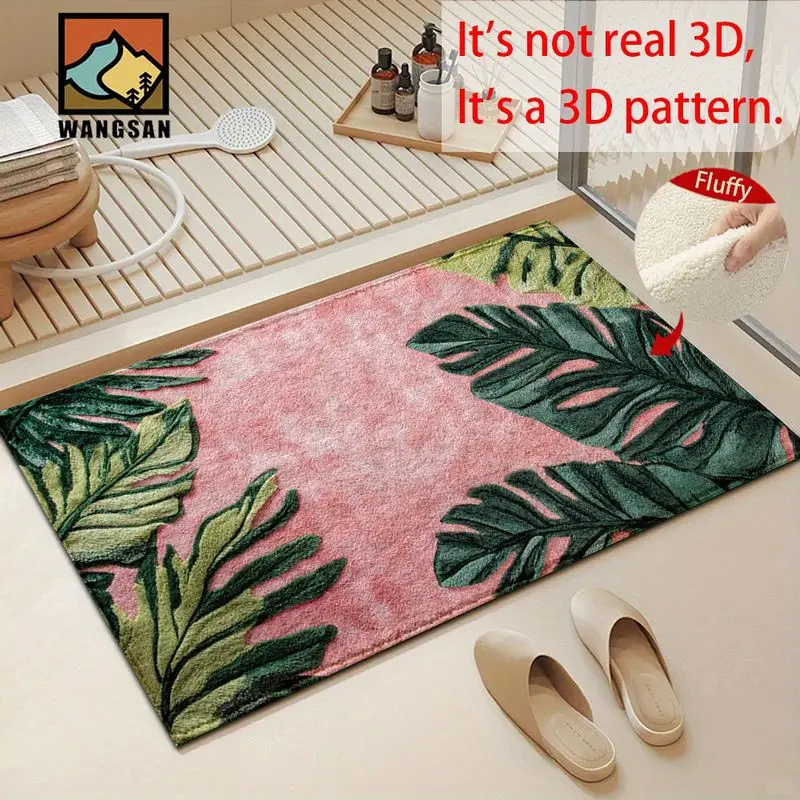 VIKAMA Large Green Monstera Leaf Bathroom Rug Pink Base Rounded Corner Thick Shaggy Anti Slip Shower Tub Side Floor Carpet