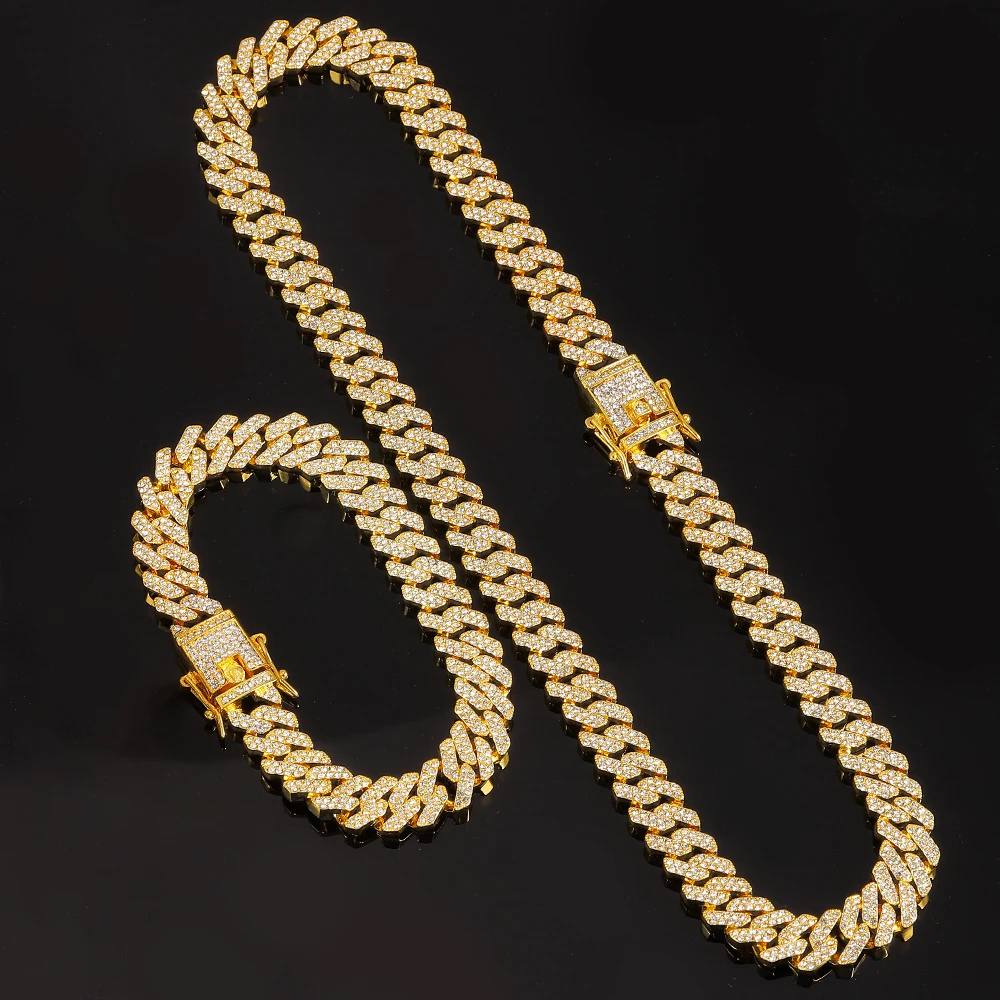 Iced Out Miami Cuban Link Chain Necklace For Men 12MM Bracelet Set Women Chains Hip Hop men Jewelry On The Neck AAA Rhinestone