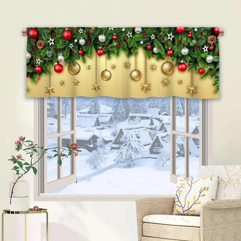 VIKAMA Christmas Window Valance Pine Branch Ornament Ball Gold Star Print Kitchen Curtain Topper For Living Room Bedroom Decor