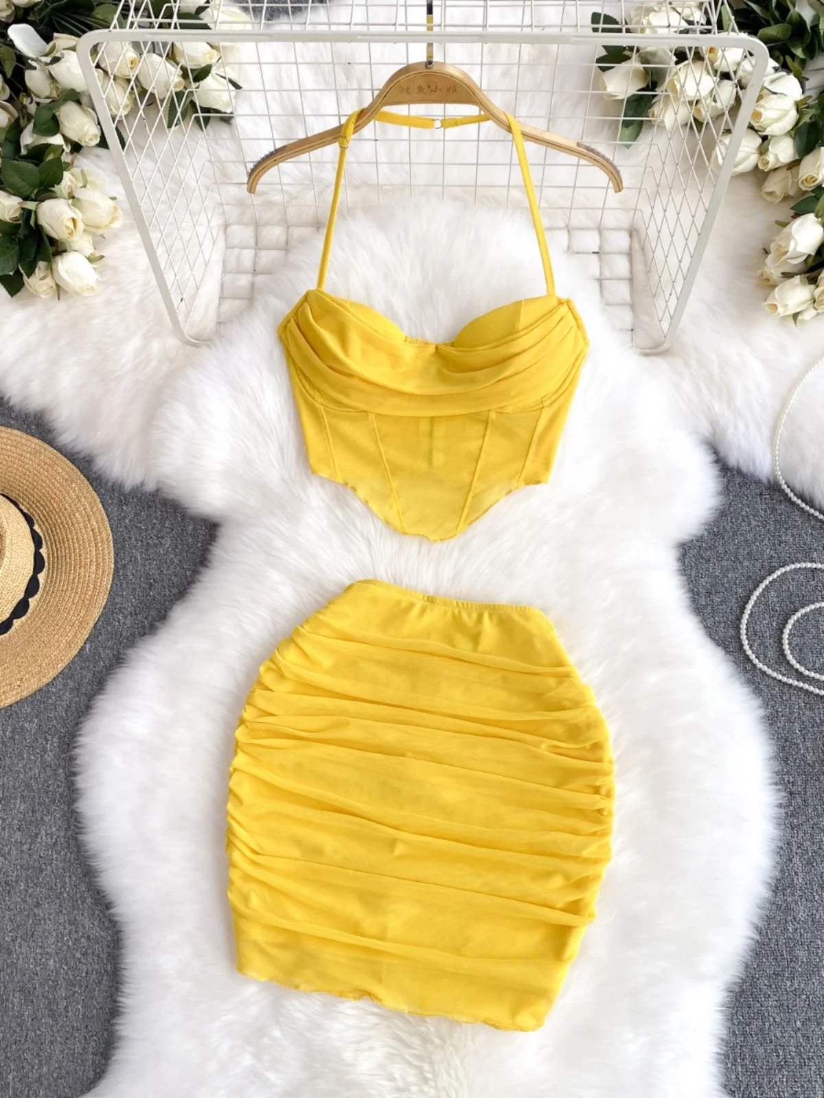 

Sexy Lace Crop Top And High Waist Skirt Set for Small Women Tight Fit Strap Design Faionable And Attractive Summer Outfit