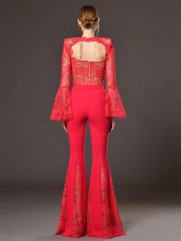 Sexy Red Lace Flared Pants Two Piece Set Women V Neck Long Sleeve Tops + Lace Patchwork Flared Suits Party Cocktail Club Sets