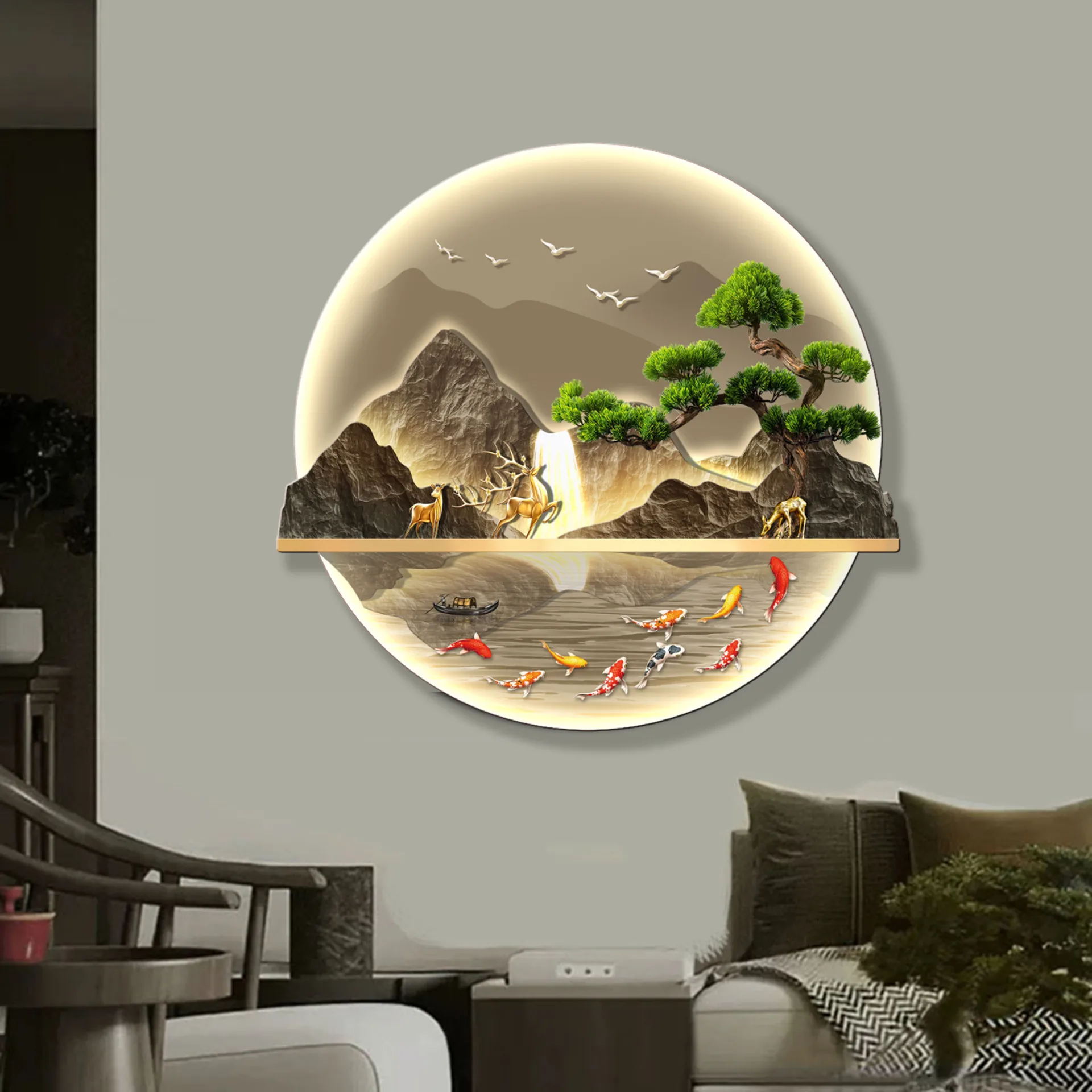 

DSAD new Chinese-style carving welcome pine entrance decorative painting, flowing water generates wealth, landscape painting
