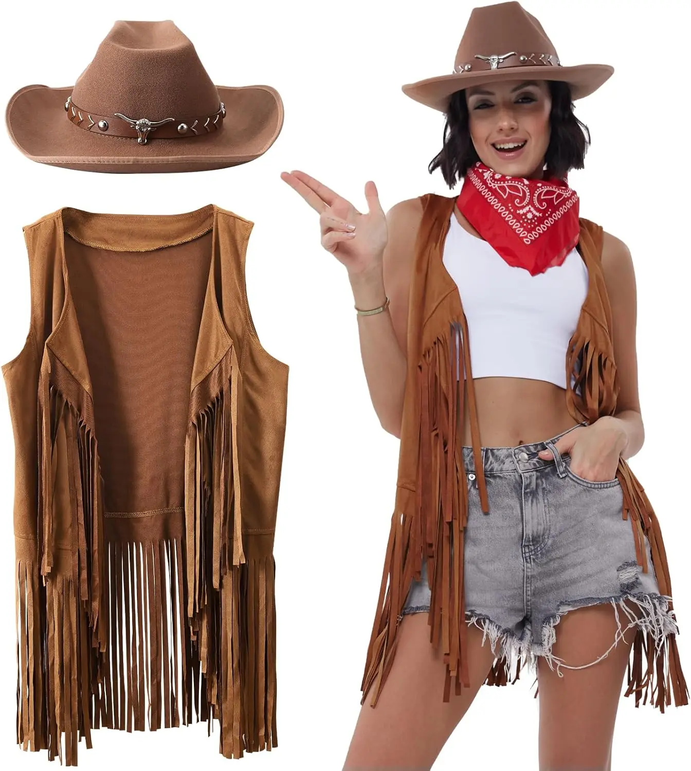 3-delig vrouwen cowboy cowgirl kostuum faux suède kwastje vest met klinknagels cowboyhoed carnaval feestkleding clubwear
