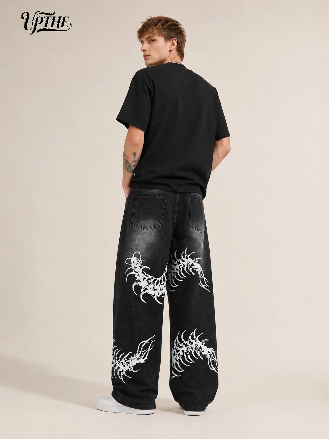 UP.THE Men Black Faded Baggy Wide Leg Jeans, Y2K Oversized Loose White Centipede Skeleton Print Denim Pants, Gothic Grunge Streetwear Trousers for Daily Outfits - view 4