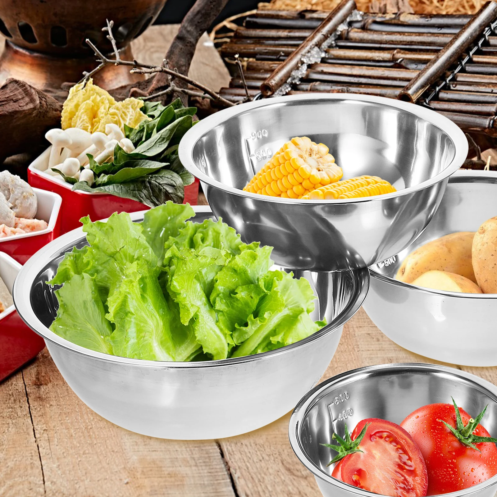 

5pcs Stainless Steel Bowls Large Mixing Kitchen Salad Basin Seasoning Tank Deep Nesting Easy Clean Food Storage
