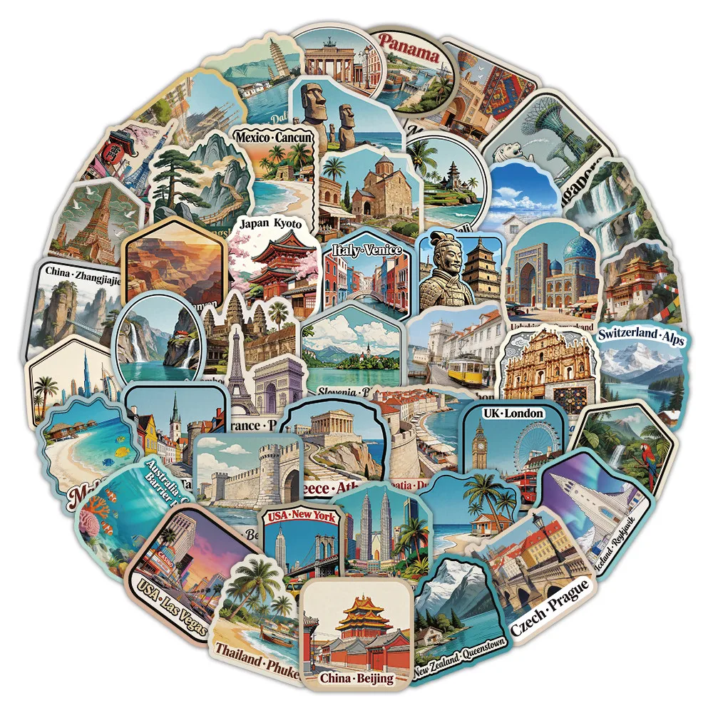 60Pcs World Travel Scenery Pattern Stickers Global Landmark Art Decor Decals Giajar Sticker Store