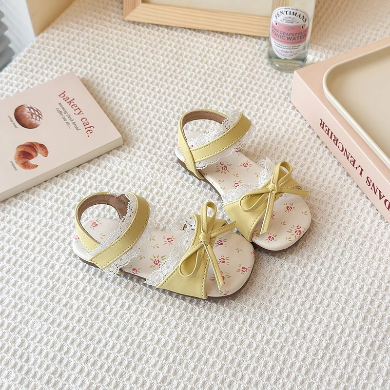 Summer Girl's Sandals Flower Butterfly-knot Elegant Light Children Sliders Square Toe Sweet Soft Leather All-match Kids Shoes