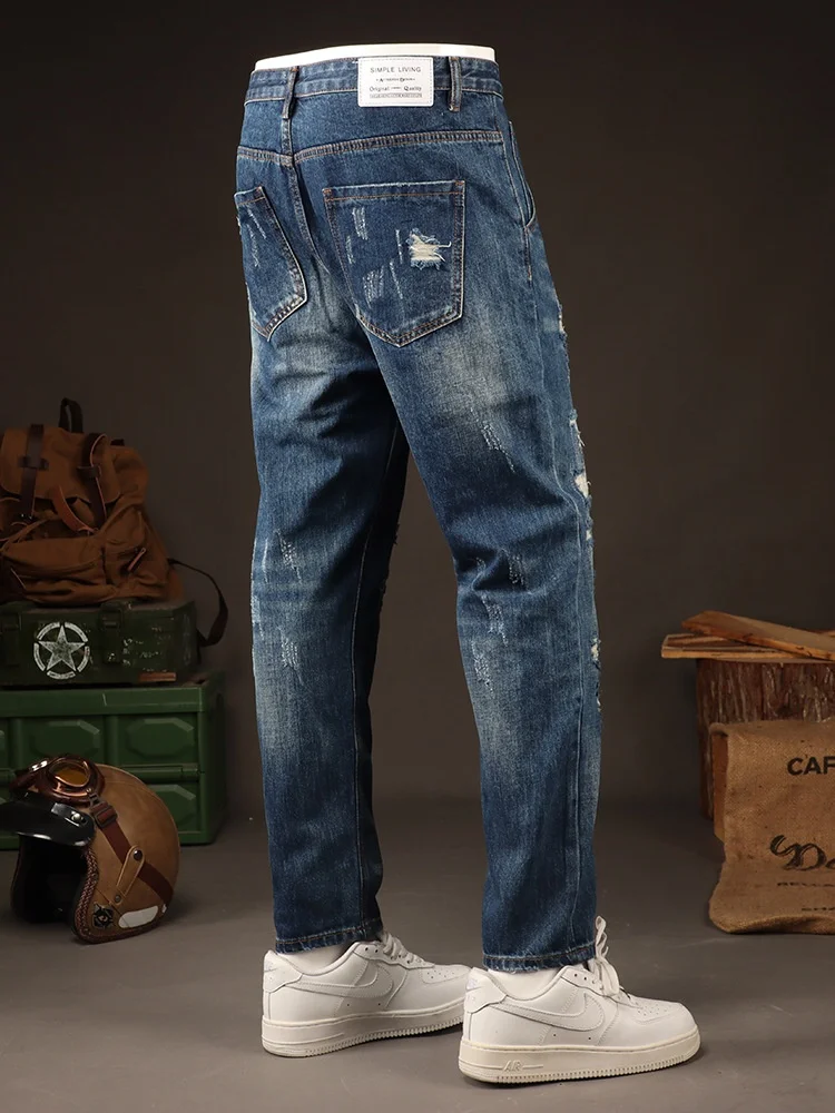 

Summer thin trendy brand American retro loose straight hole ripped jeans men's street cool trendy casual pants