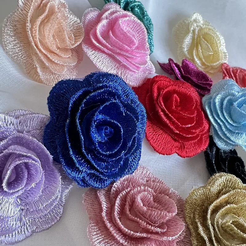 10Ps 3d Small Rose Flower Patches Embroidery Patch Military Applique Sew Clothing Wedding Evening Dress Accessory Gold Blue Red